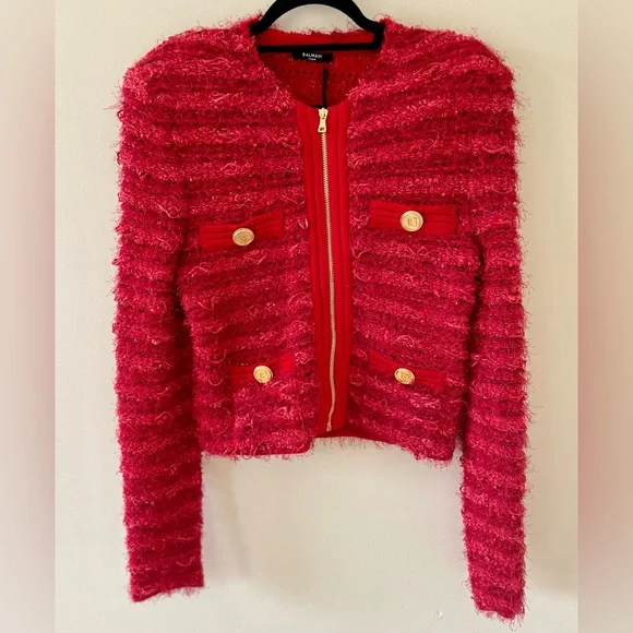 Balmain | Jackets & Coats | Red Balmain Tweed Jacket | Poshmark